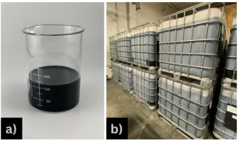 Figure 1. ColloidalChem a) Activated carbon colloidal solution, b) ColloidalChem in 250 gallon totes